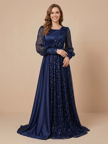 A Line Scoop Neck Tulle Long Sleeves Sequin Wedding Guest Dresses