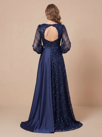 A Line Scoop Neck Tulle Long Sleeves Sequin Wedding Guest Dresses