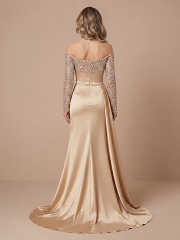 Satin Mermaid Off the Shoulder Long Sleeves Sequin Wedding Guest Dresses