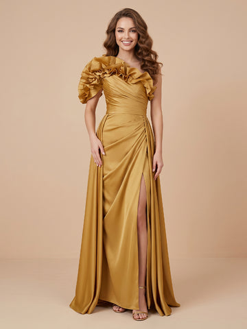 Mermaid One Shoulder Satin Short Sleeves Evening Dresses with Slit