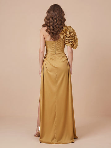 Mermaid One Shoulder Satin Short Sleeves Evening Dresses with Slit