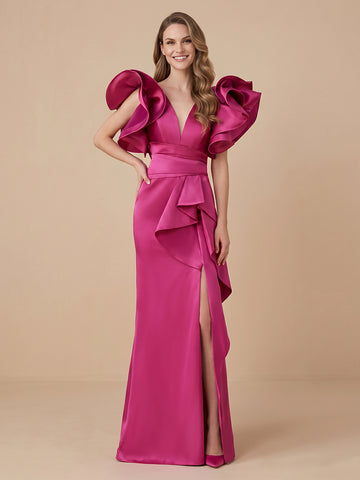 Sheath V Neck Satin Sleeveless Evening Dresses with Slit