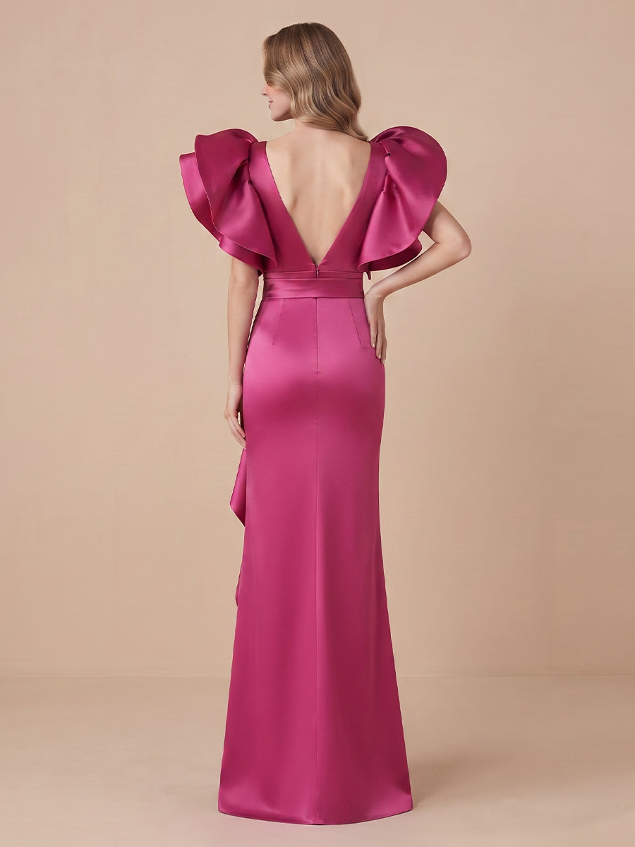 Sheath V Neck Satin Sleeveless Evening Dresses with Slit