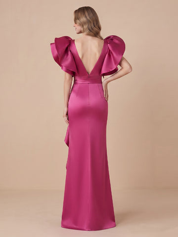 Sheath V Neck Satin Sleeveless Evening Dresses with Slit