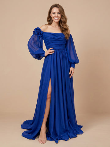 Chiffon A Line Off the Shoulder Long Sleeves Wedding Guest Dresses with Slit