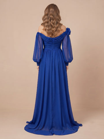 Chiffon A Line Off the Shoulder Long Sleeves Wedding Guest Dresses with Slit