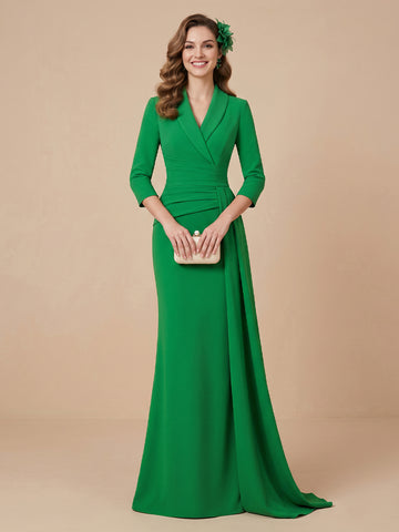V Neck Satin Mermaid 3/4 Sleeves Wedding Guest Dresses