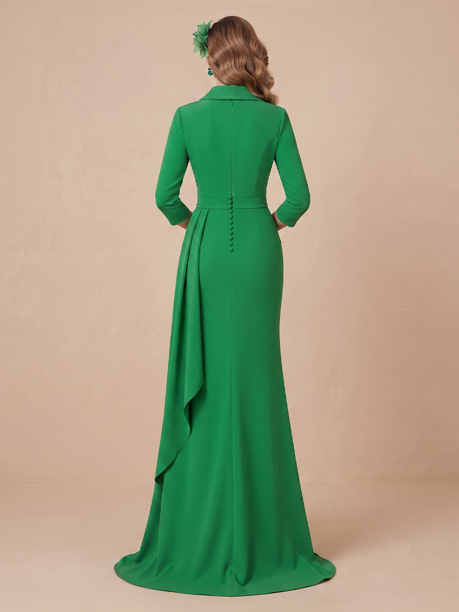 V Neck Satin Mermaid 3/4 Sleeves Wedding Guest Dresses