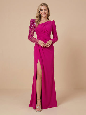 Sheath Satin Long Sleeves Sequin Wedding Guest Dresses with Slit