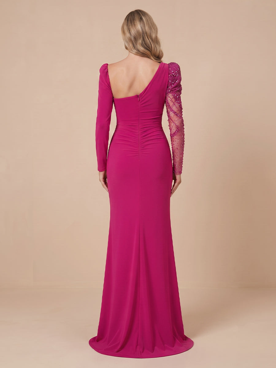 Sheath Satin Long Sleeves Sequin Wedding Guest Dresses with Slit