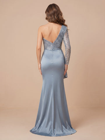 One Shoulder Satin Mermaid  Long Sleeves Sequin Wedding Guest Dresses