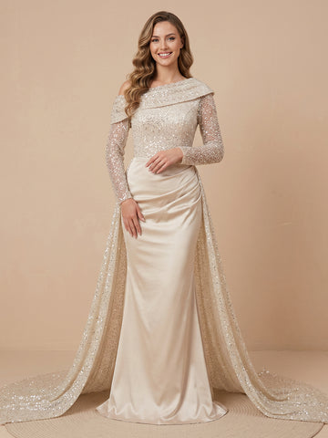 Sheath One Shoulder Sequins Long Sleeves Evening Dresses