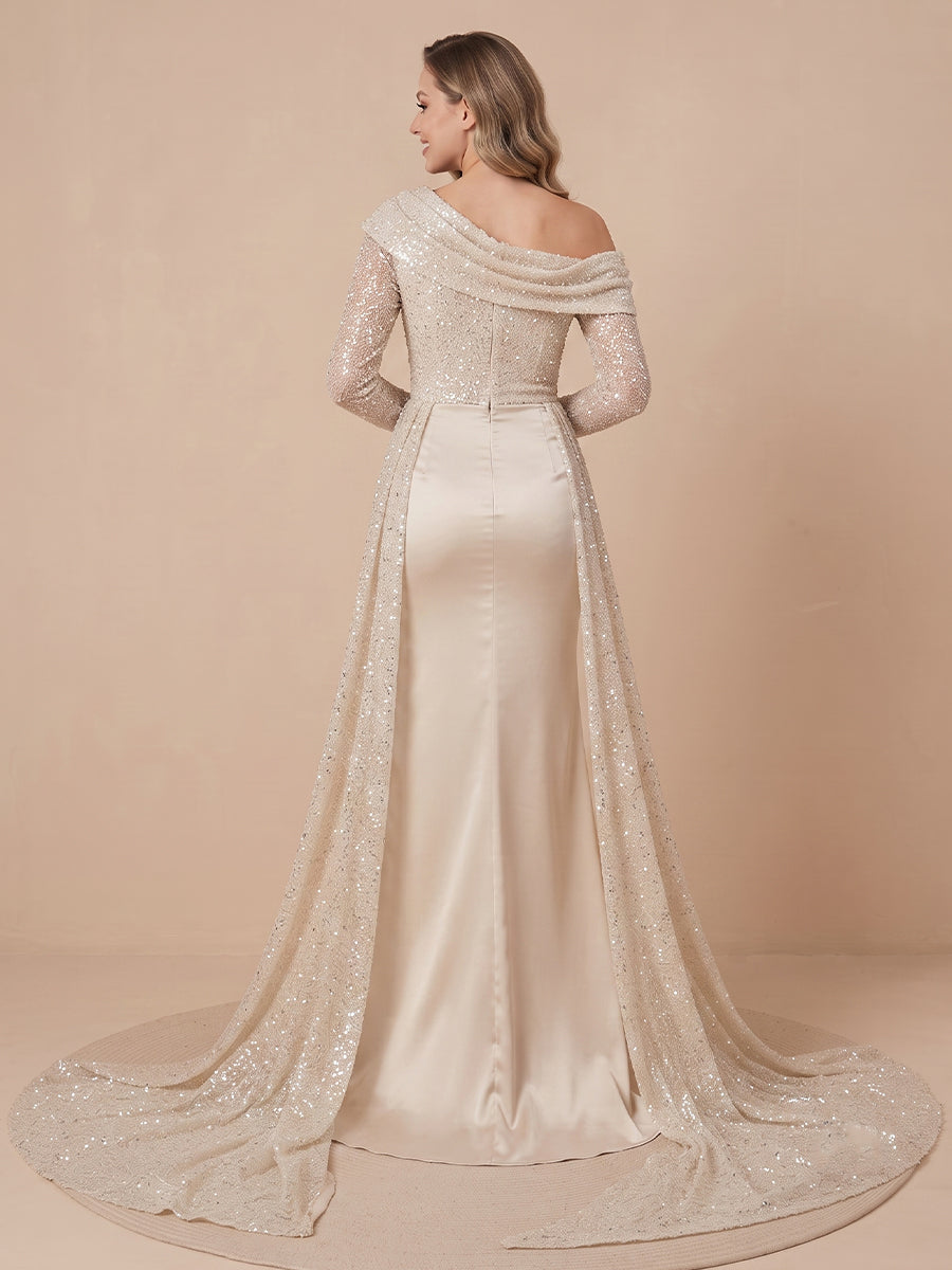 Sheath One Shoulder Sequins Long Sleeves Evening Dresses