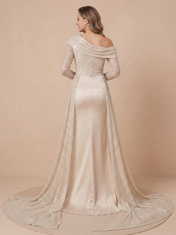 Sheath One Shoulder Sequins Long Sleeves Evening Dresses