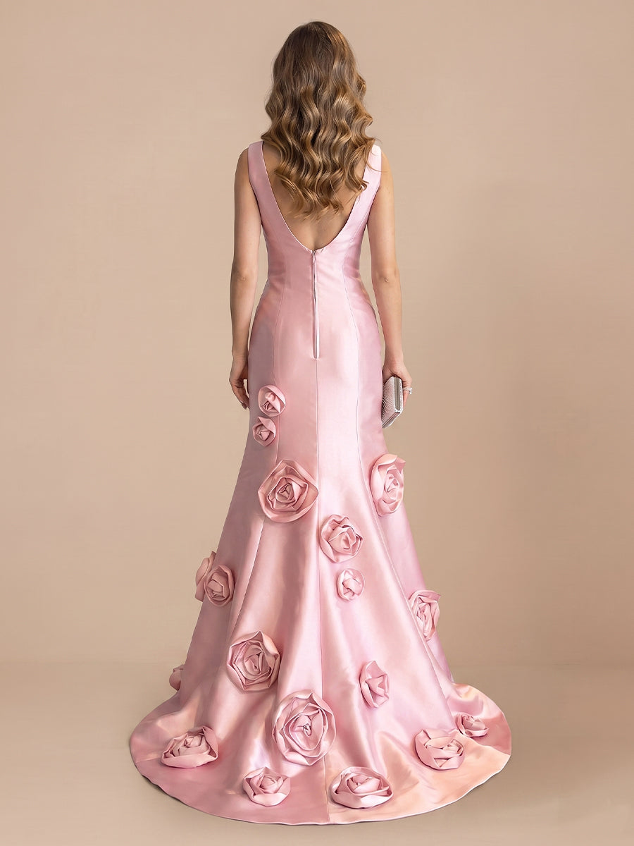 Satin Sheath Sweetheart Sleeveless Evening Dresses with Flower