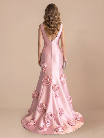 Satin Sheath Sweetheart Sleeveless Evening Dresses with Flower