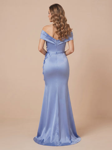 Mermaid Satin Off the Shoulder Sleeveless Wedding Guest Dresses with Slit