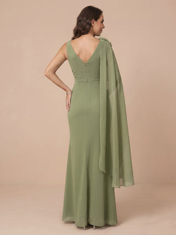 One Shoulder Chiffon A Line Sleeveless Wedding Guest Dresses with Slit