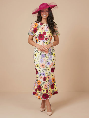 Tulle Mermaid Scoop Neck Short Sleeves Embroidery Wedding Guest Dresses