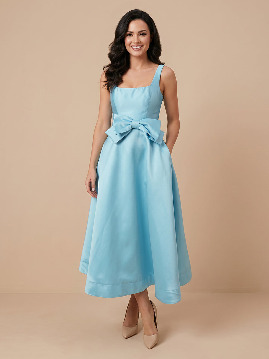A Line Square Neck Satin Sleeveless Wedding Guest Dresses