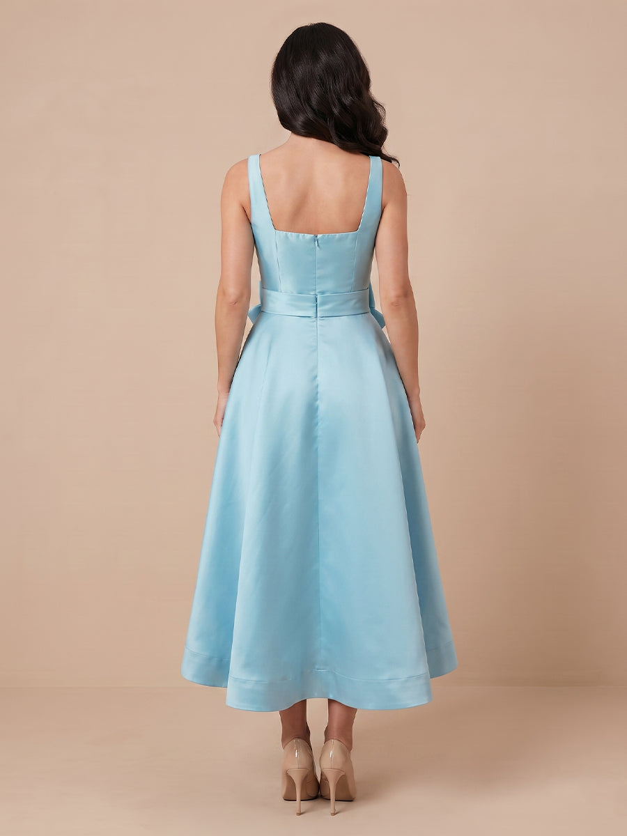 A Line Square Neck Satin Sleeveless Wedding Guest Dresses