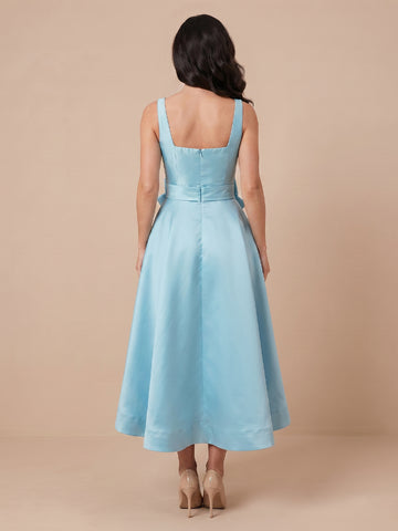 A Line Square Neck Satin Sleeveless Wedding Guest Dresses