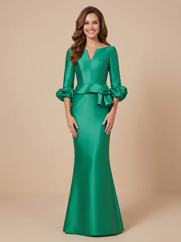 Mermaid Boat Neck Satin 3/4 Sleeves Wedding Guest Dresses