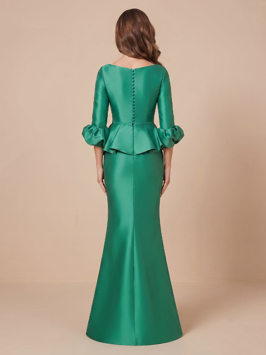 Mermaid Boat Neck Satin 3/4 Sleeves Wedding Guest Dresses