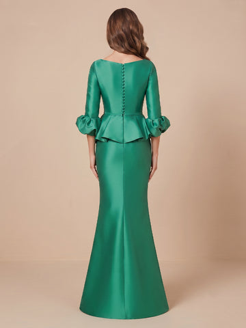 Mermaid Boat Neck Satin 3/4 Sleeves Wedding Guest Dresses