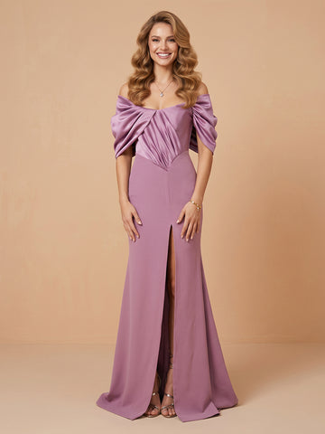 Off the Shoulder Satin Sheath Sleeveless Wedding Guest Dresses with Slit