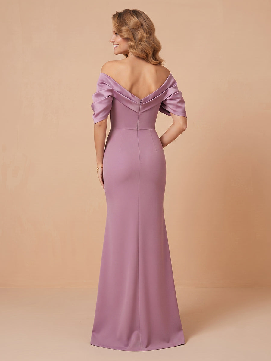 Off the Shoulder Satin Sheath Sleeveless Wedding Guest Dresses with Slit