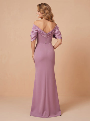 Off the Shoulder Satin Sheath Sleeveless Wedding Guest Dresses with Slit