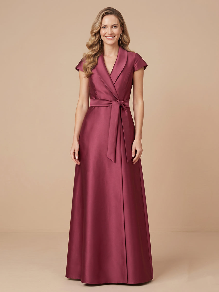 A Line Satin V Neck Short Sleeves Wedding Guest Dresses