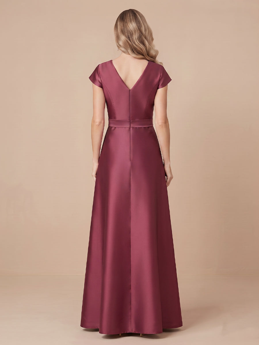 A Line Satin V Neck Short Sleeves Wedding Guest Dresses