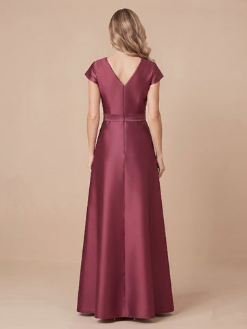 A Line Satin V Neck Short Sleeves Wedding Guest Dresses