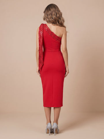 One Shoulder Satin Sheath Sleeveless Sequin Wedding Guest Dresses
