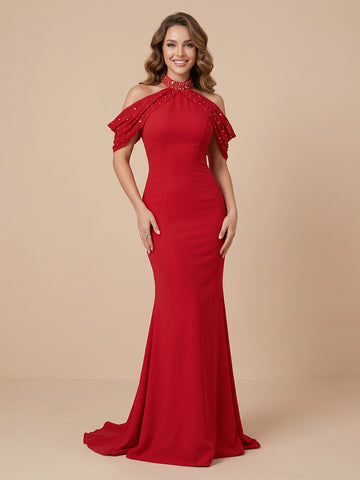 Satin Mermaid Halter Sleeveless Wedding Guest Dresses