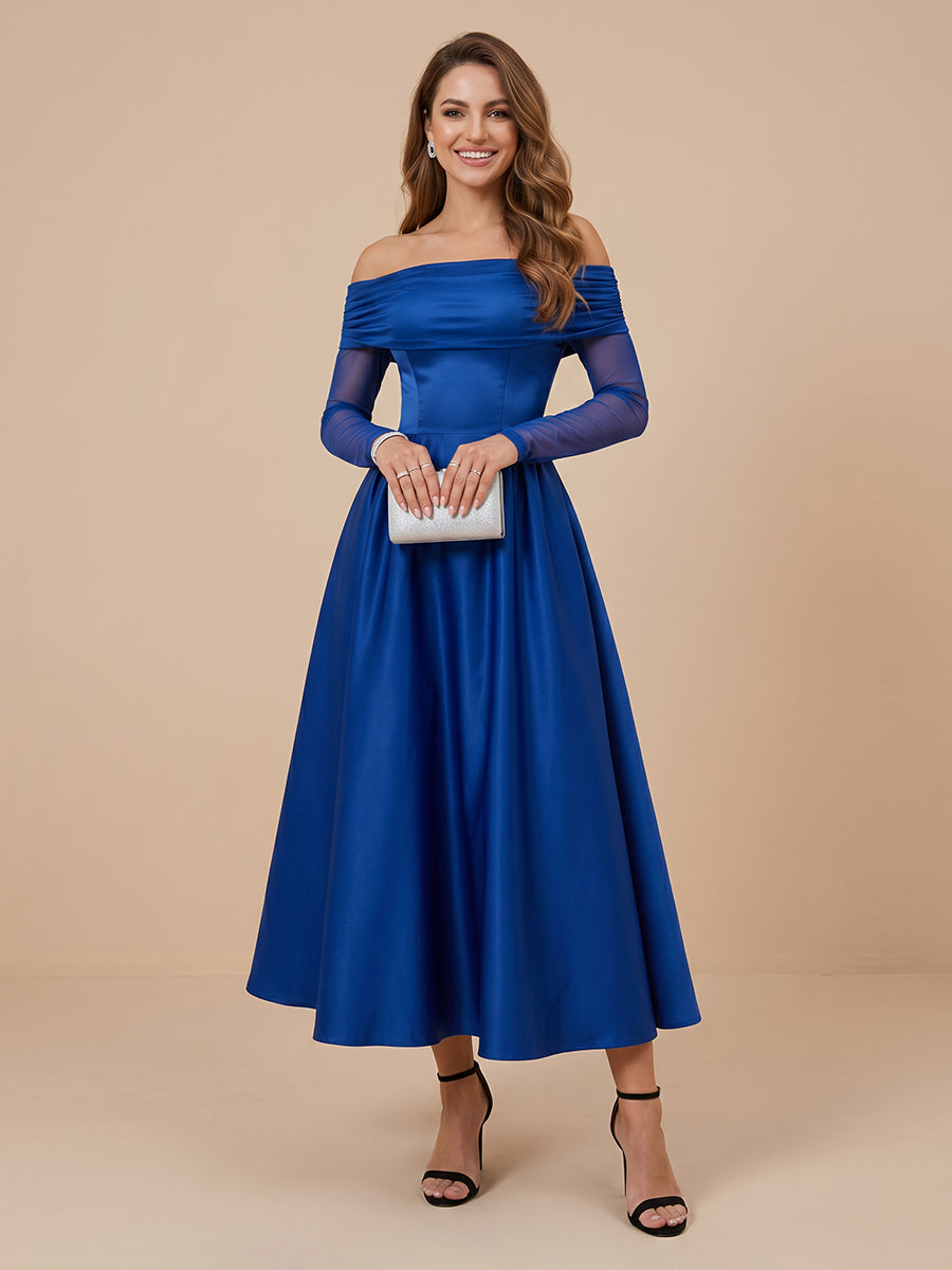 Off the Shoulder Satin A Line Long Sleeves Wedding Guest Dresses