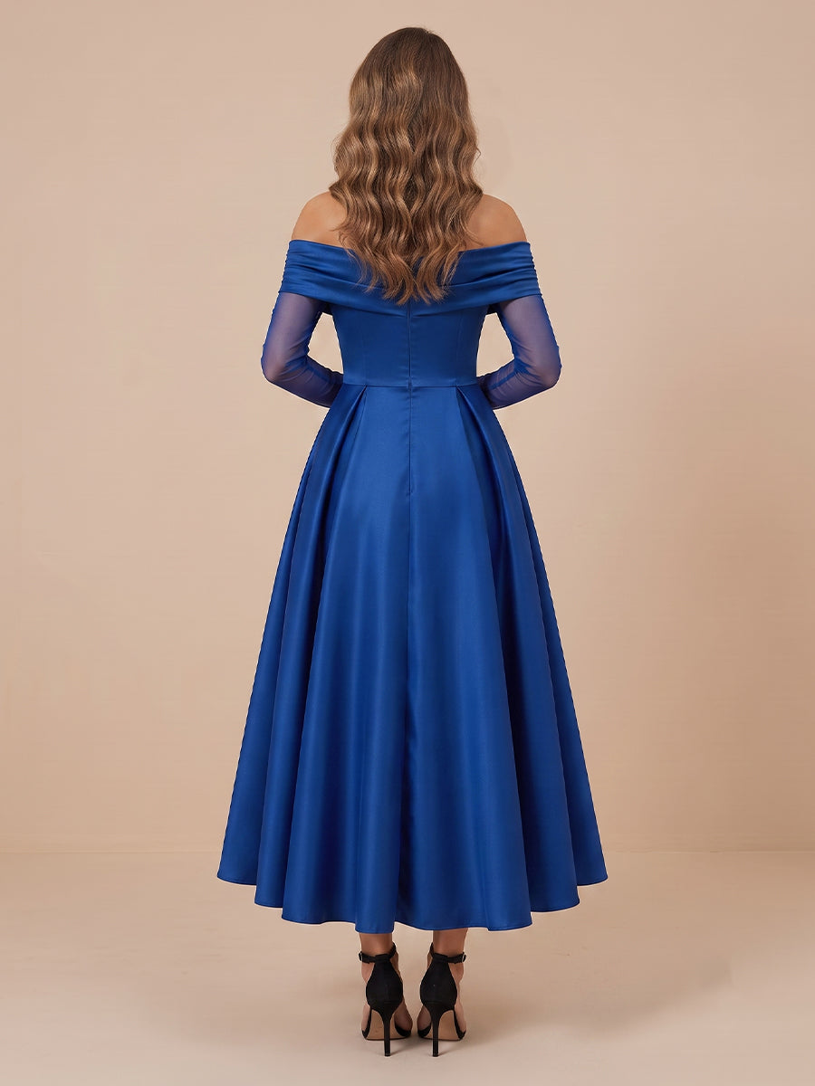 Off the Shoulder Satin A Line Long Sleeves Wedding Guest Dresses