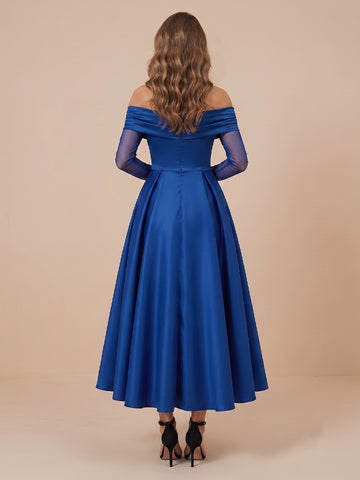 Off the Shoulder Satin A Line Long Sleeves Wedding Guest Dresses