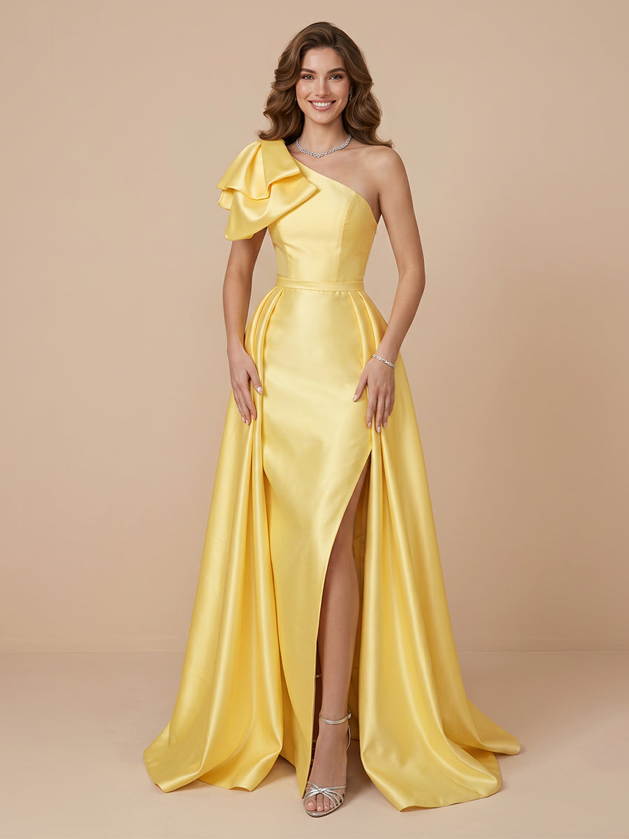 A Line Satin One Shoulder Sleeveless Wedding Guest Dresses with Slit