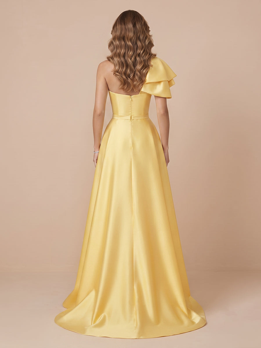 A Line Satin One Shoulder Sleeveless Wedding Guest Dresses with Slit