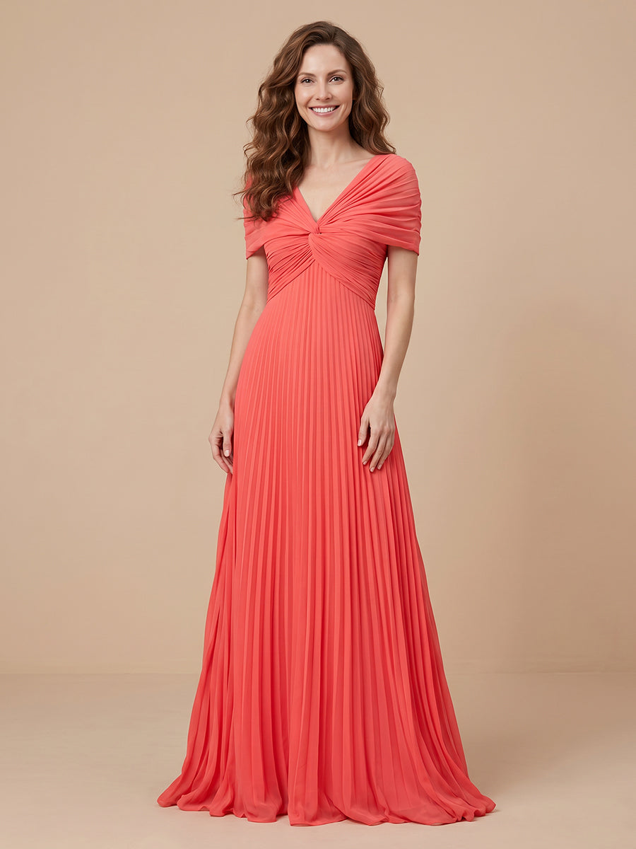 V Neck Chiffon A Line Sleeveless Wedding Guest Dresses with Pleated