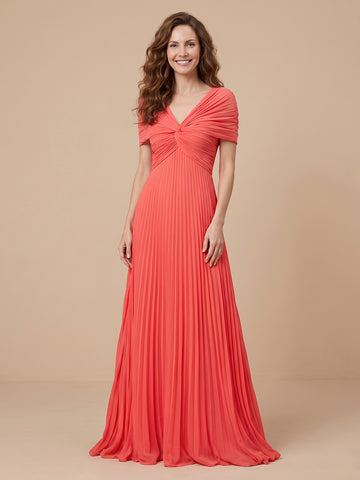 V Neck Chiffon A Line Sleeveless Wedding Guest Dresses with Pleated