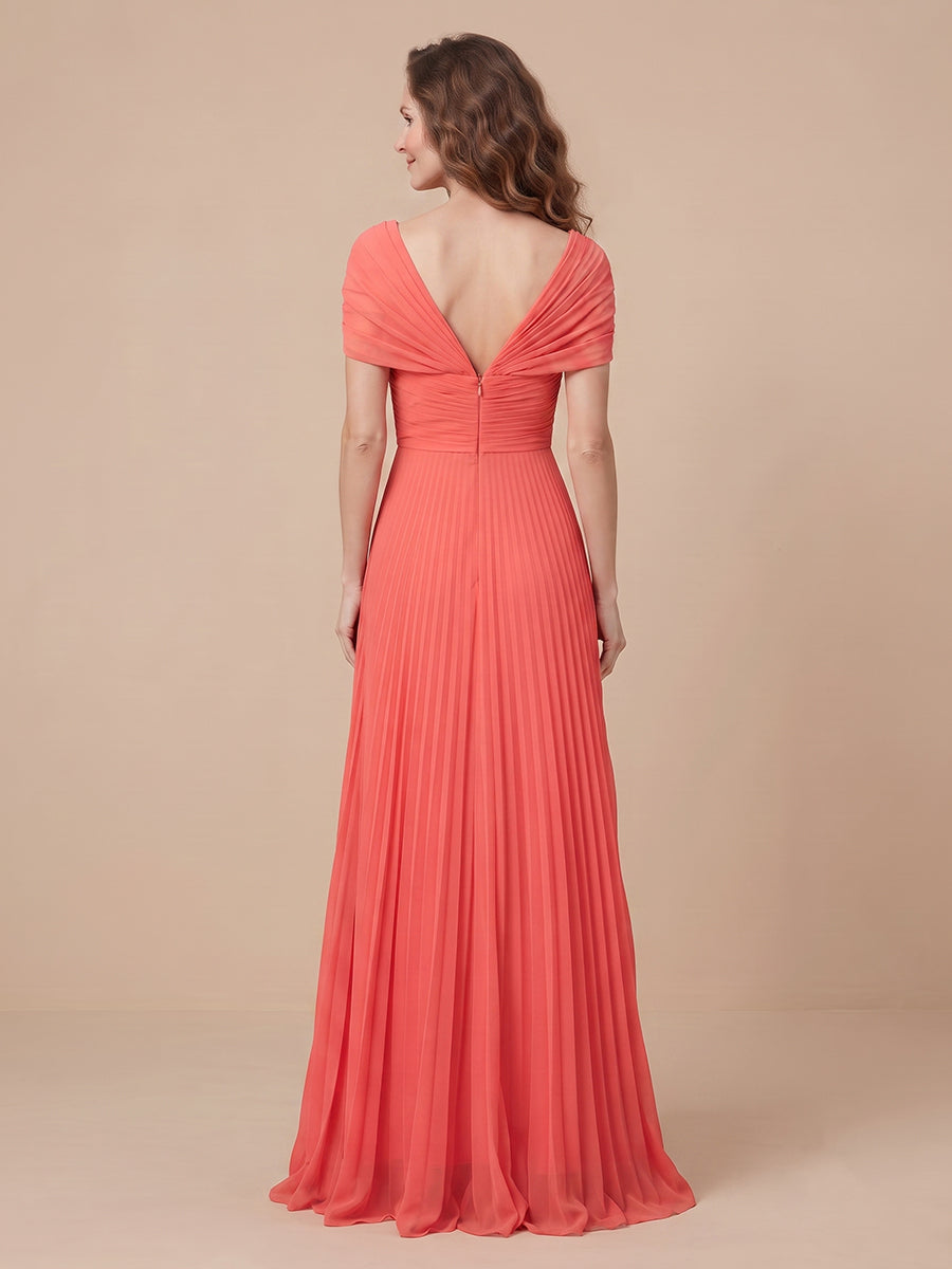 V Neck Chiffon A Line Sleeveless Wedding Guest Dresses with Pleated