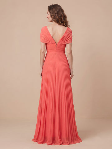 V Neck Chiffon A Line Sleeveless Wedding Guest Dresses with Pleated