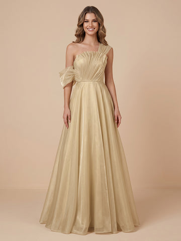 A Line One Shoulder Tulle Sleeveless Wedding Guest Dresses