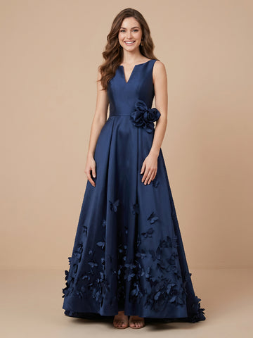 Boat Neck Satin A Line Sleeveless Evening Dresses with Flower