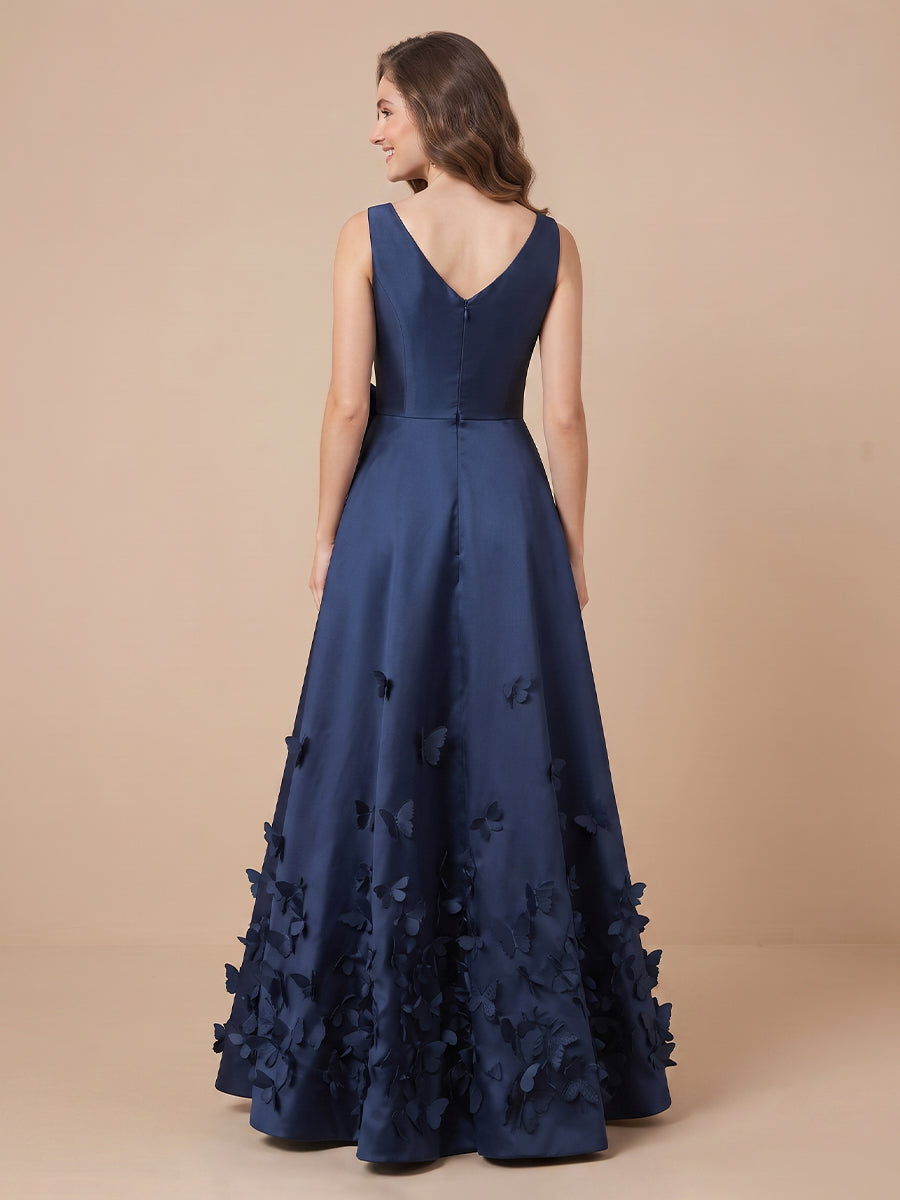 Boat Neck Satin A Line Sleeveless Evening Dresses with Flower