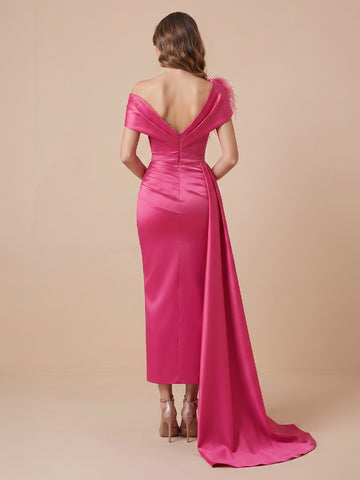 Sheath Satin Off the Shoulder Sleeveless Wedding Guest Dresses